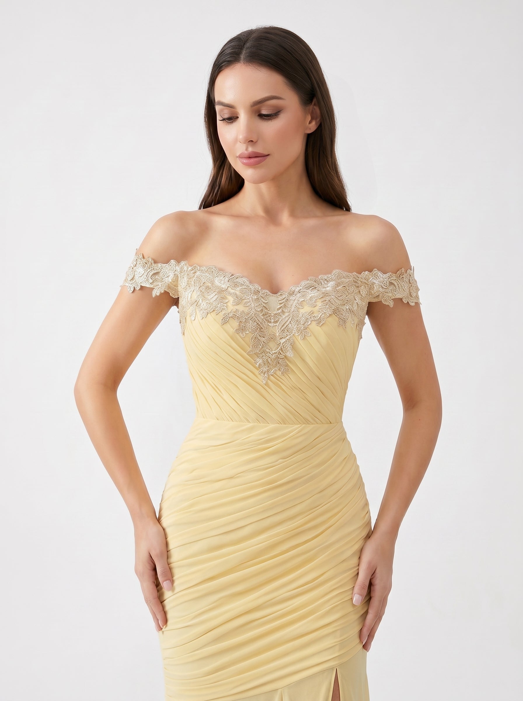 Yellow Off-Shoulder Lace Ruched Chiffon Bridesmaid Dress | Slit Mermaid Formal Gown