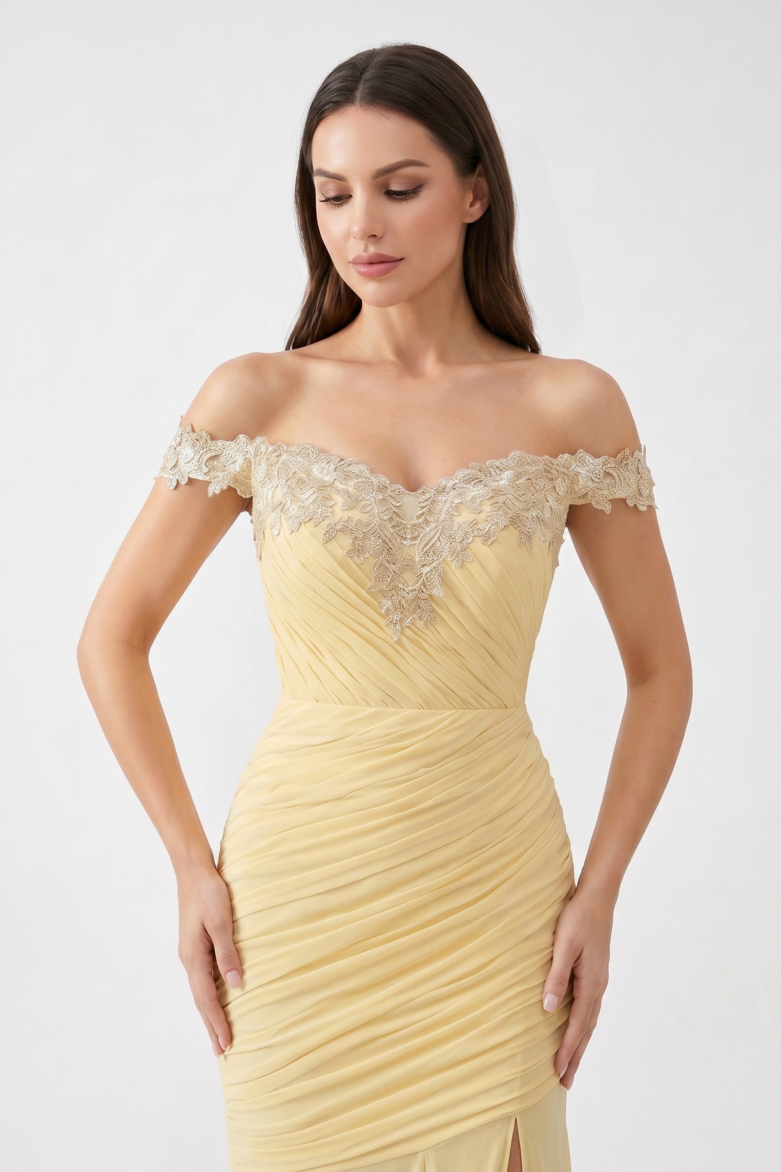 Yellow Off-Shoulder Lace Ruched Chiffon Bridesmaid Dress | Slit Mermaid Formal Gown