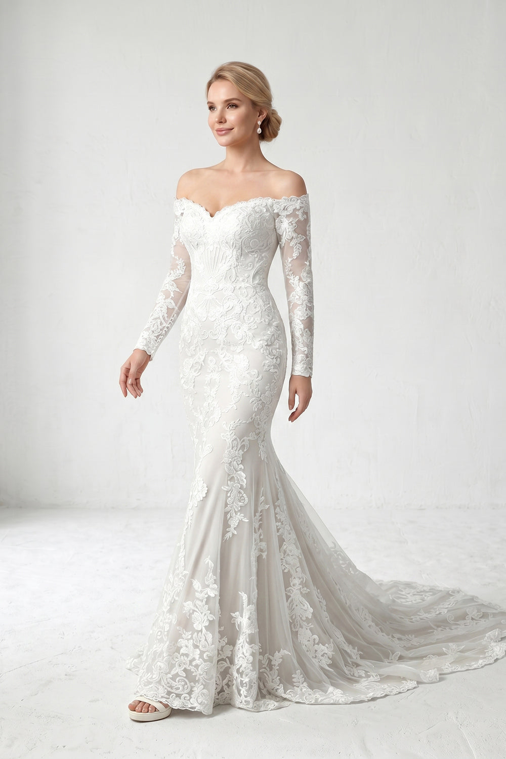 Off-the-Shoulder Long Sleeve Lace Mermaid Wedding Dress Bridal Gown with Train