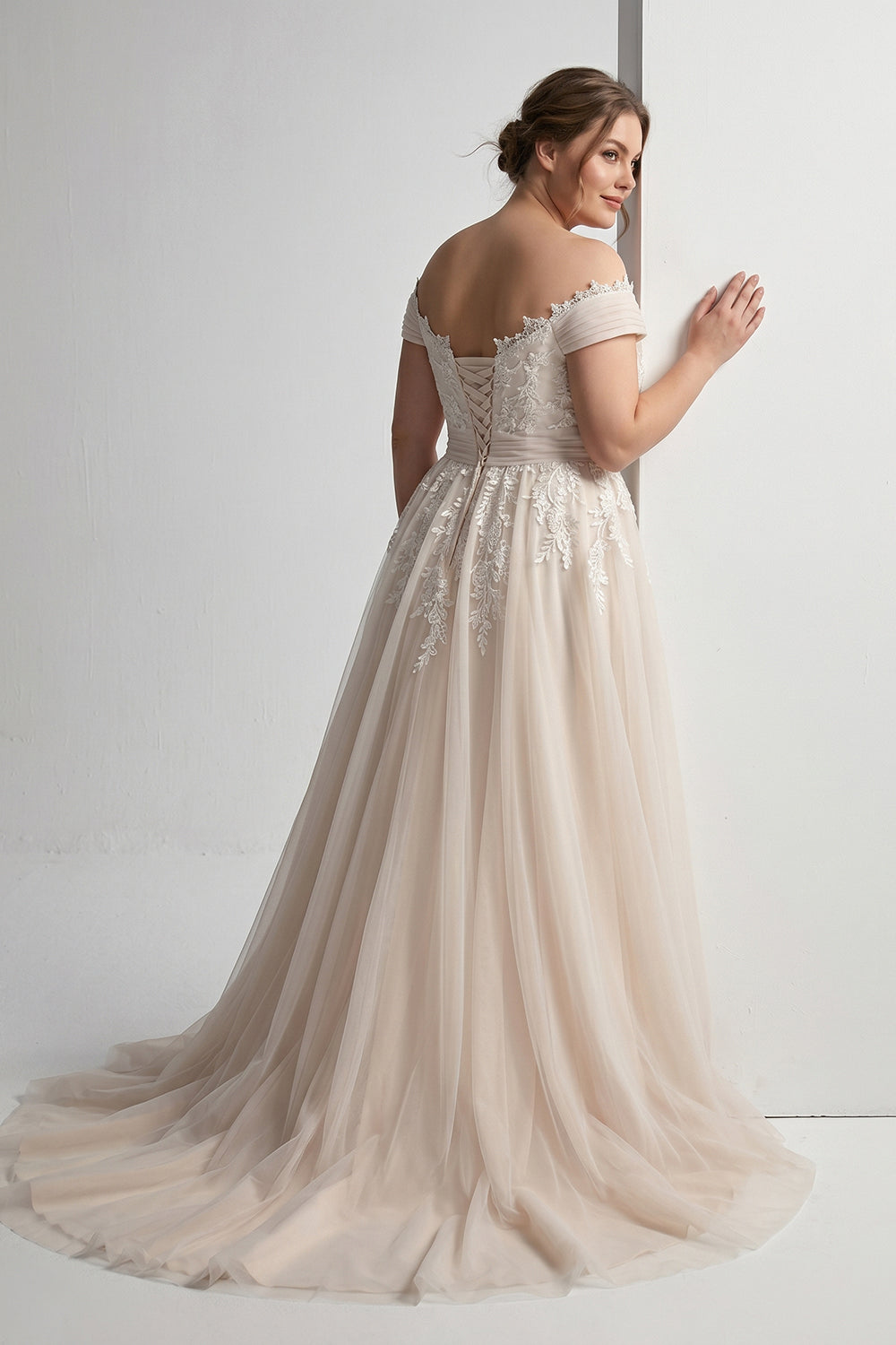 Plus Size Off-the-Shoulder Lace Tulle A-Line Wedding Dress | Nude Bridal Gown with Train
