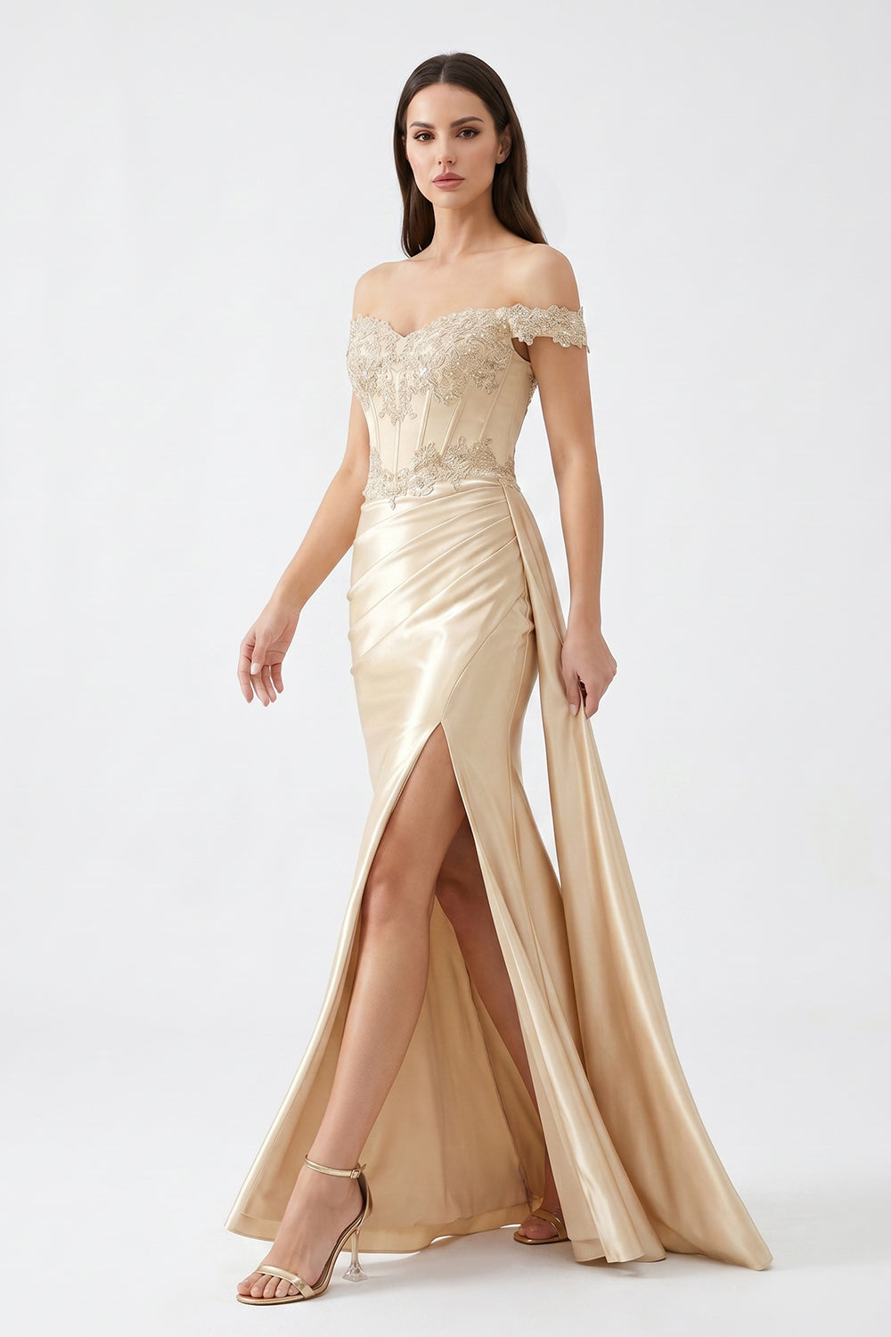 Champagne Off-Shoulder Lace Corset Satin Bridesmaid Dress | Slit Mermaid Formal Gown