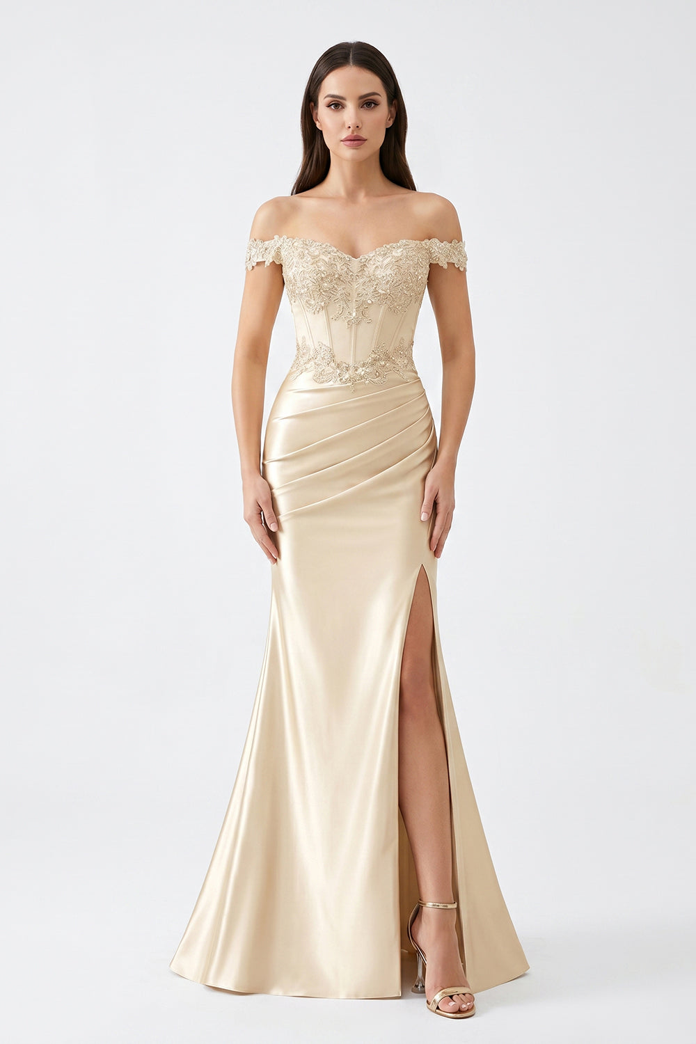Champagne Off-Shoulder Lace Corset Satin Bridesmaid Dress | Slit Mermaid Formal Gown