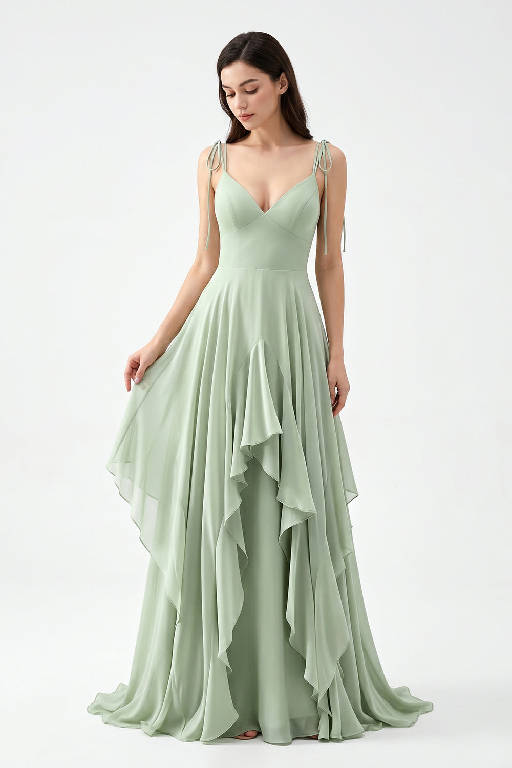 Sage Green Tie-Strap Ruffle Chiffon Bridesmaid Dress | Flowy Formal Gown
