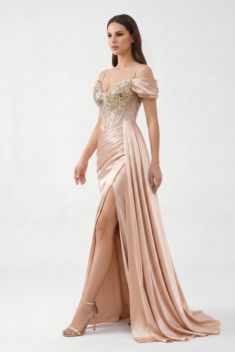 Beaded Corset Satin Mermaid Evening Gown - Off-Shoulder & High Slit