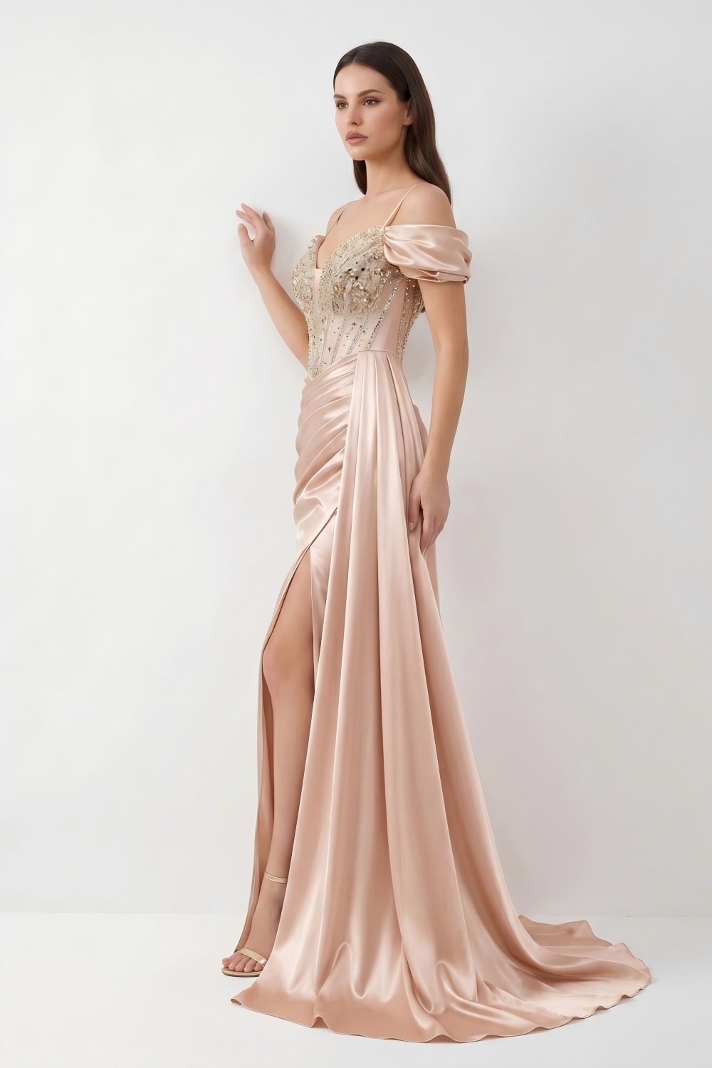 Beaded Corset Satin Mermaid Evening Gown - Off-Shoulder & High Slit