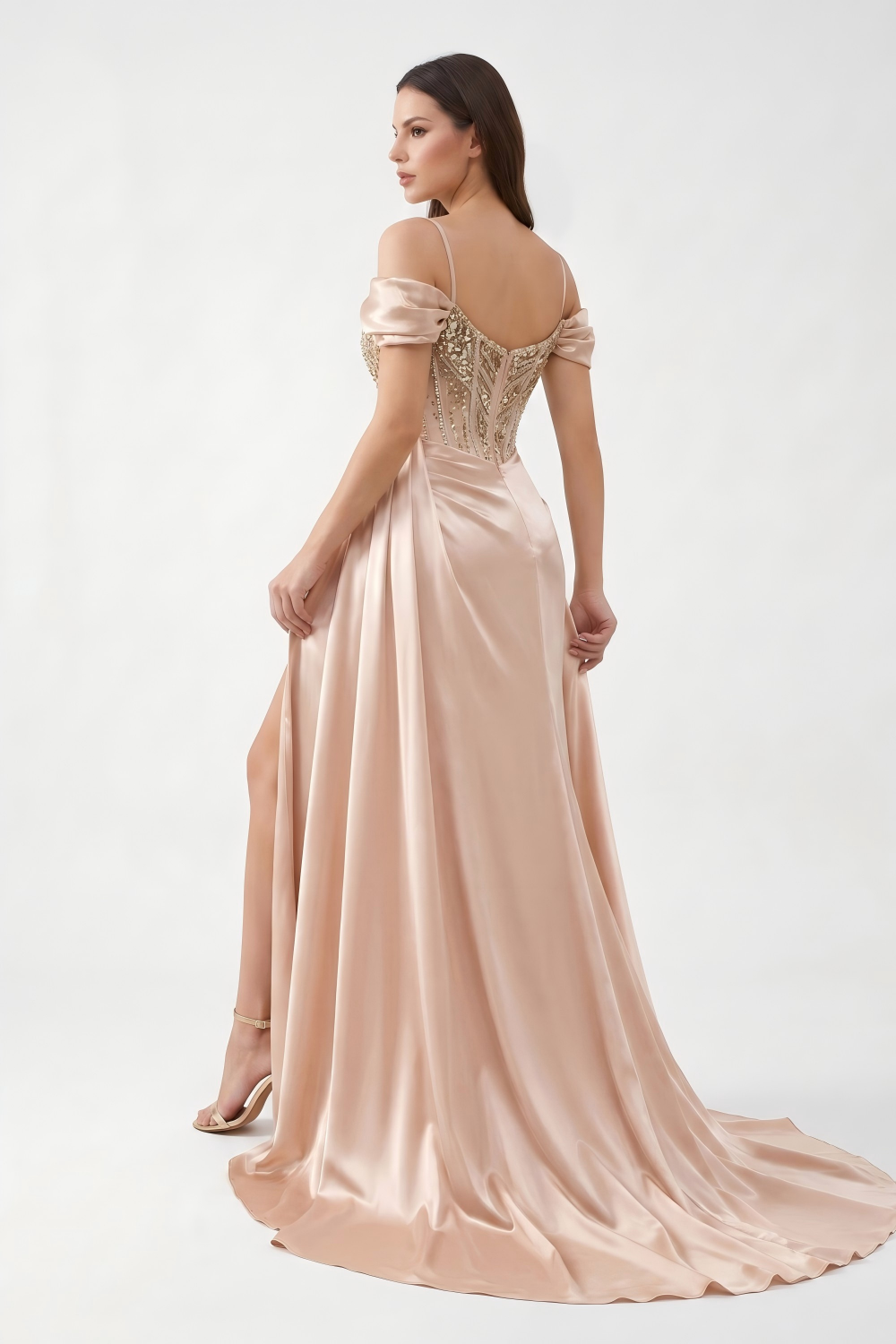 Beaded Corset Satin Mermaid Evening Gown - Off-Shoulder & High Slit
