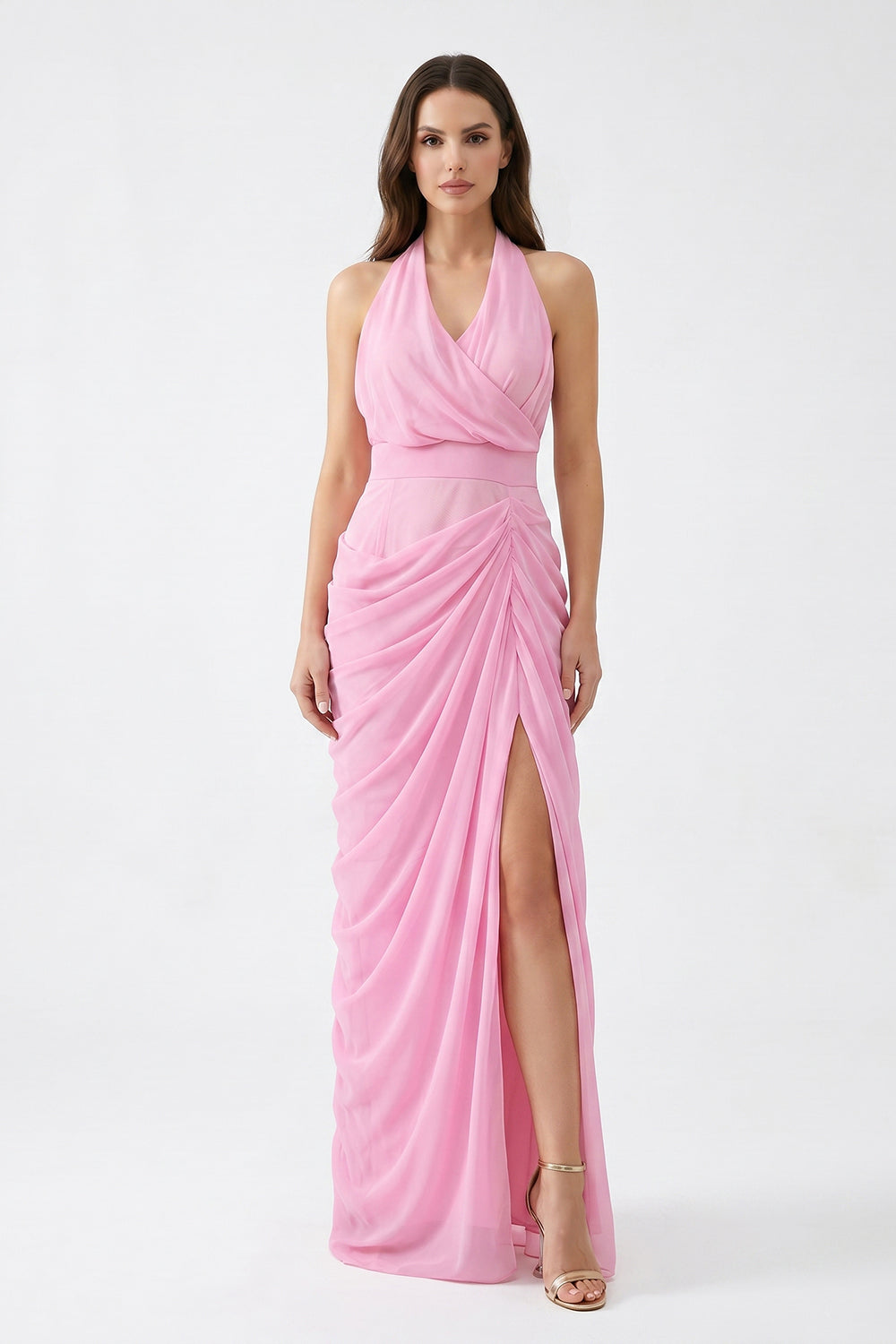 Pink Halter Neck Draped Chiffon Bridesmaid Dress | Formal Evening Gown