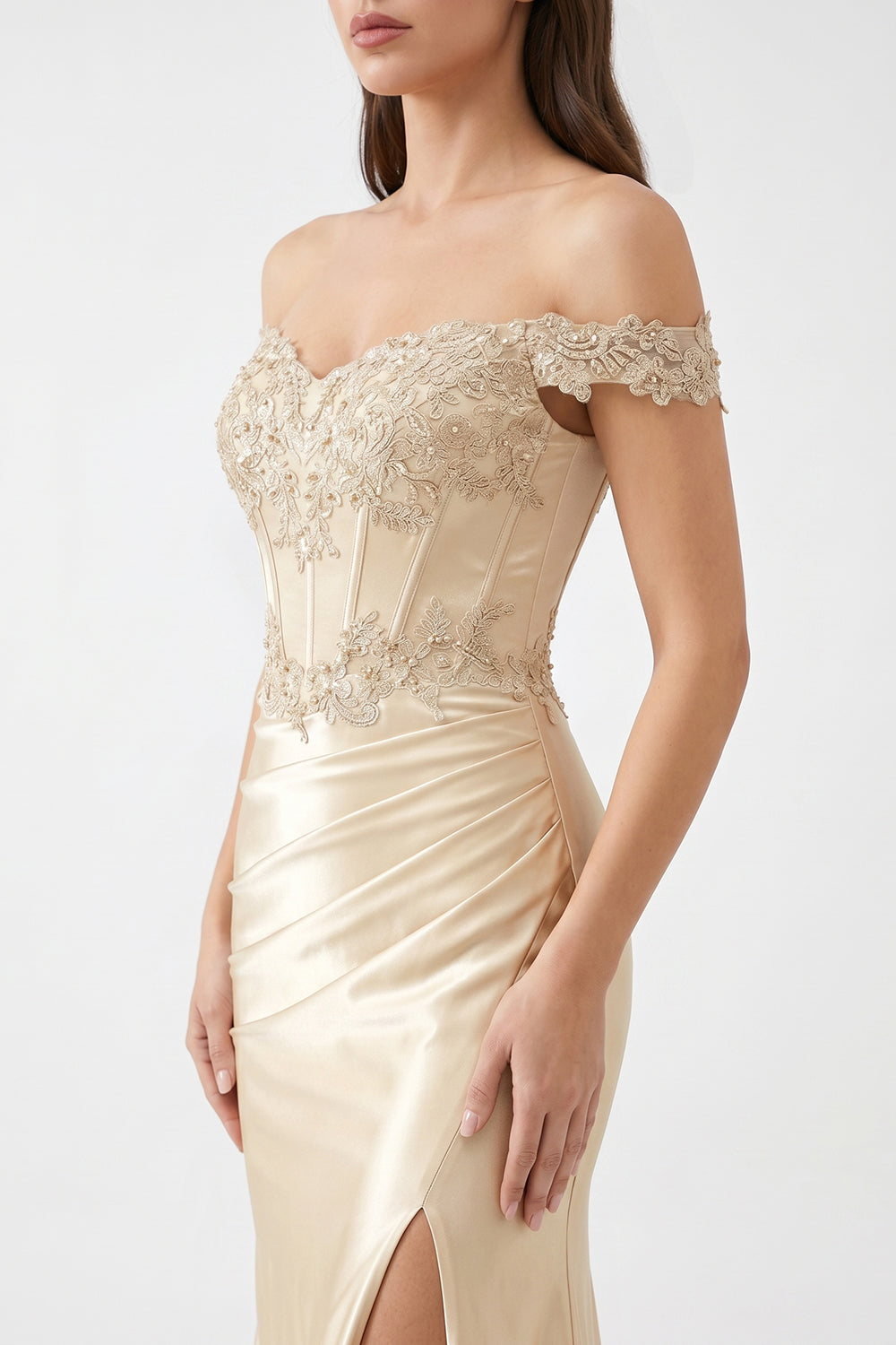 Champagne Off-Shoulder Lace Corset Satin Bridesmaid Dress | Slit Mermaid Formal Gown