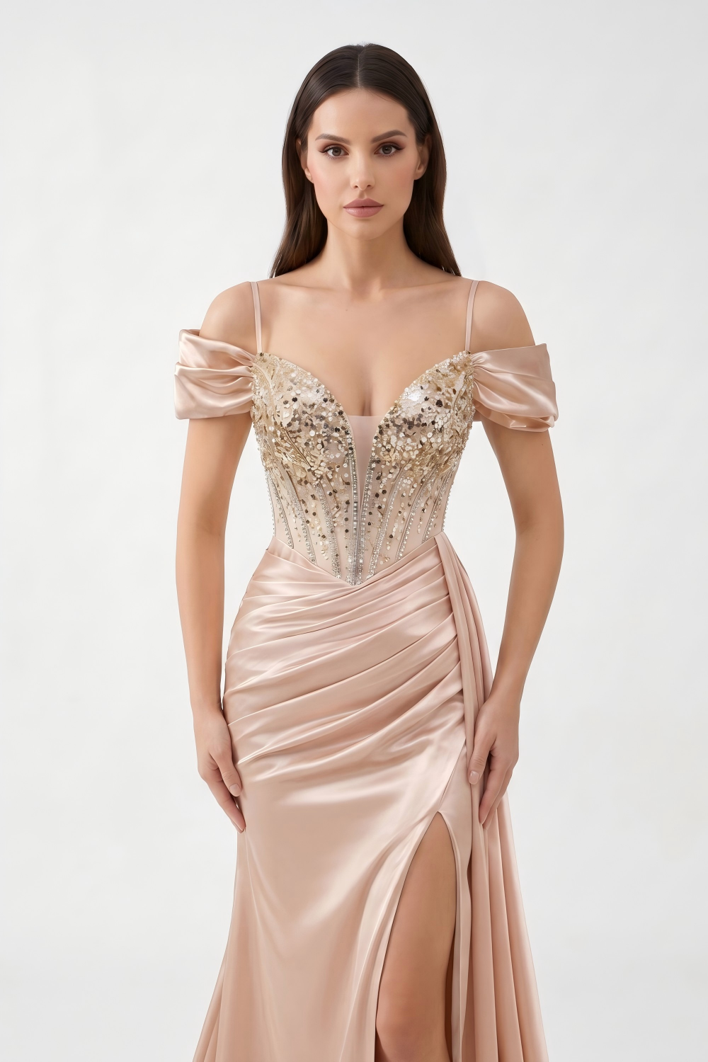 Beaded Corset Satin Mermaid Evening Gown - Off-Shoulder & High Slit