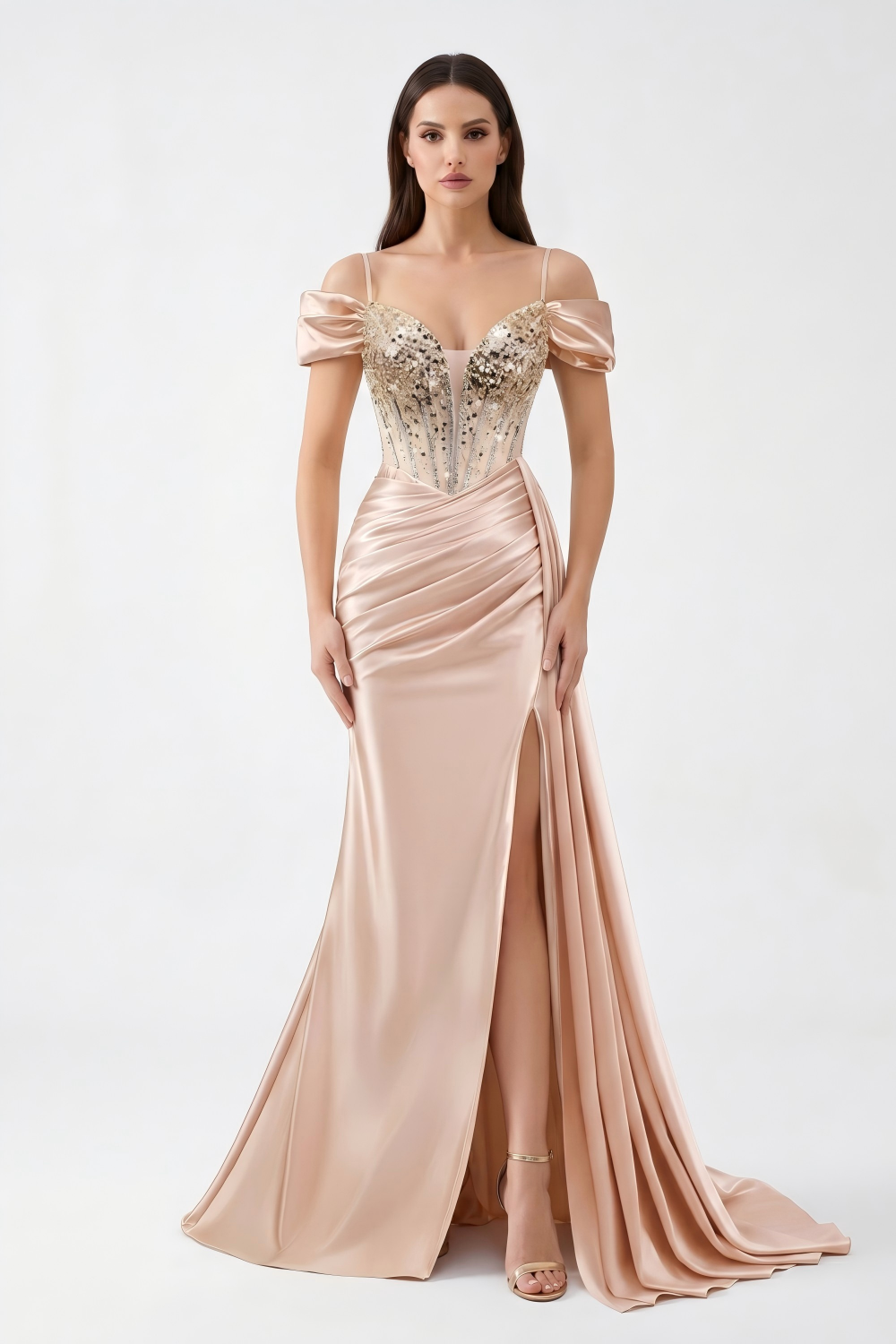 Beaded Corset Satin Mermaid Evening Gown - Off-Shoulder & High Slit