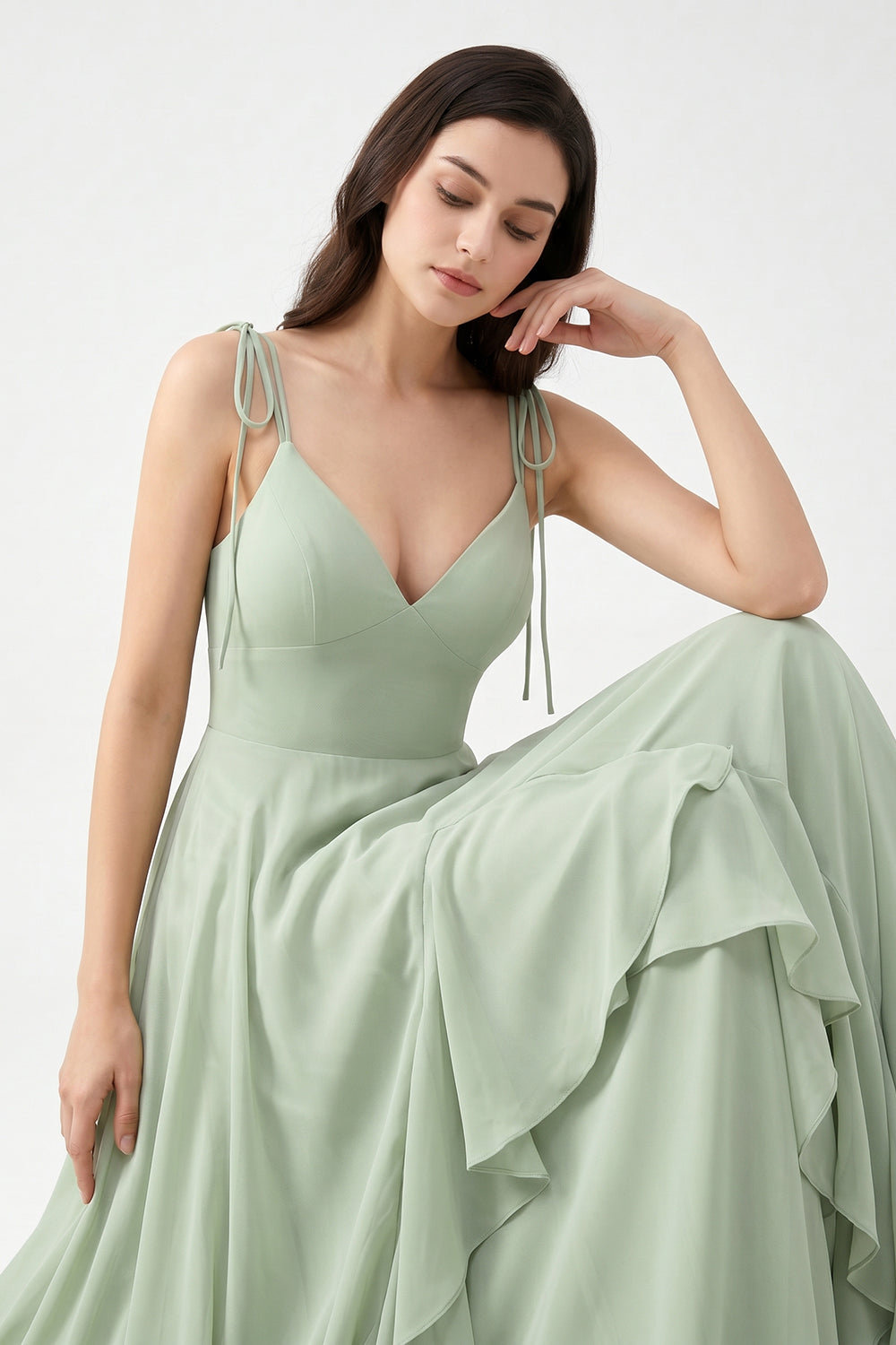 Sage Green Tie-Strap Ruffle Chiffon Bridesmaid Dress | Flowy Formal Gown