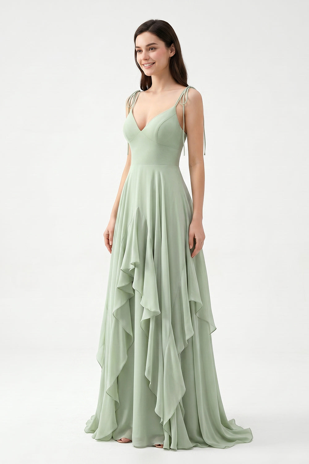 Sage Green Tie-Strap Ruffle Chiffon Bridesmaid Dress | Flowy Formal Gown