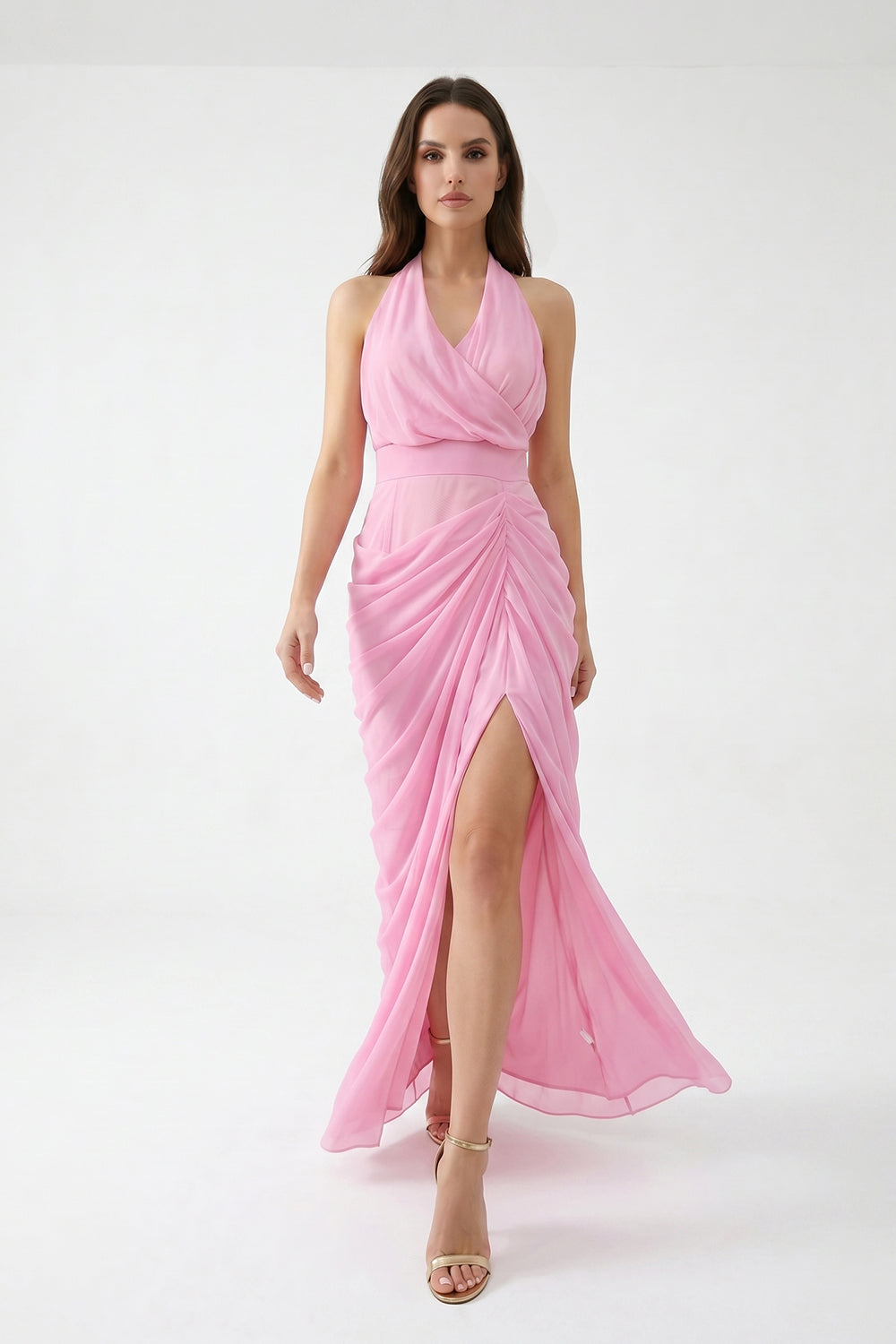 Pink Halter Neck Draped Chiffon Bridesmaid Dress | Formal Evening Gown